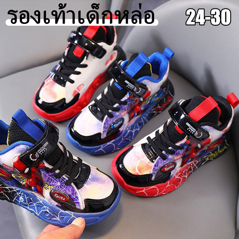 รองเท้าผ้าใบเด็ก ลายสไปเดอร์แมนหล่อ มีไฟ LED เหนี่ยวนำ เหมาะสำหรับเด็ก ขนาด 24-30
