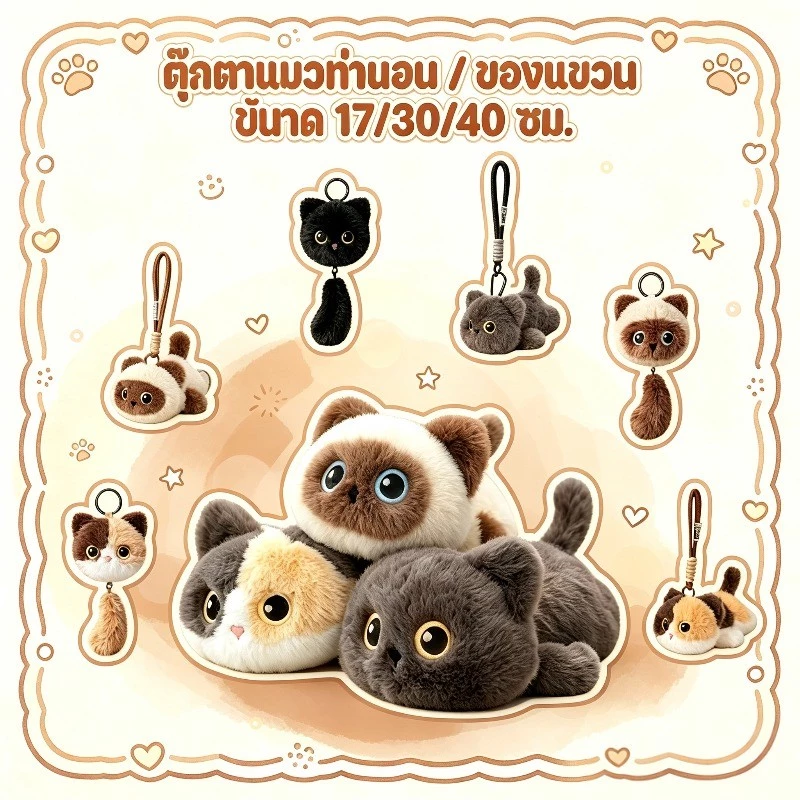 COD ตุ๊กตานุ่มฟูรูปแมว ของแขวน ตุ๊กตา พวงกุญแจ ฮีลใจ มีหลายขนาดให้เลือก 17/30/40cm ไส้ PP วันเกิดของขวัญวัน