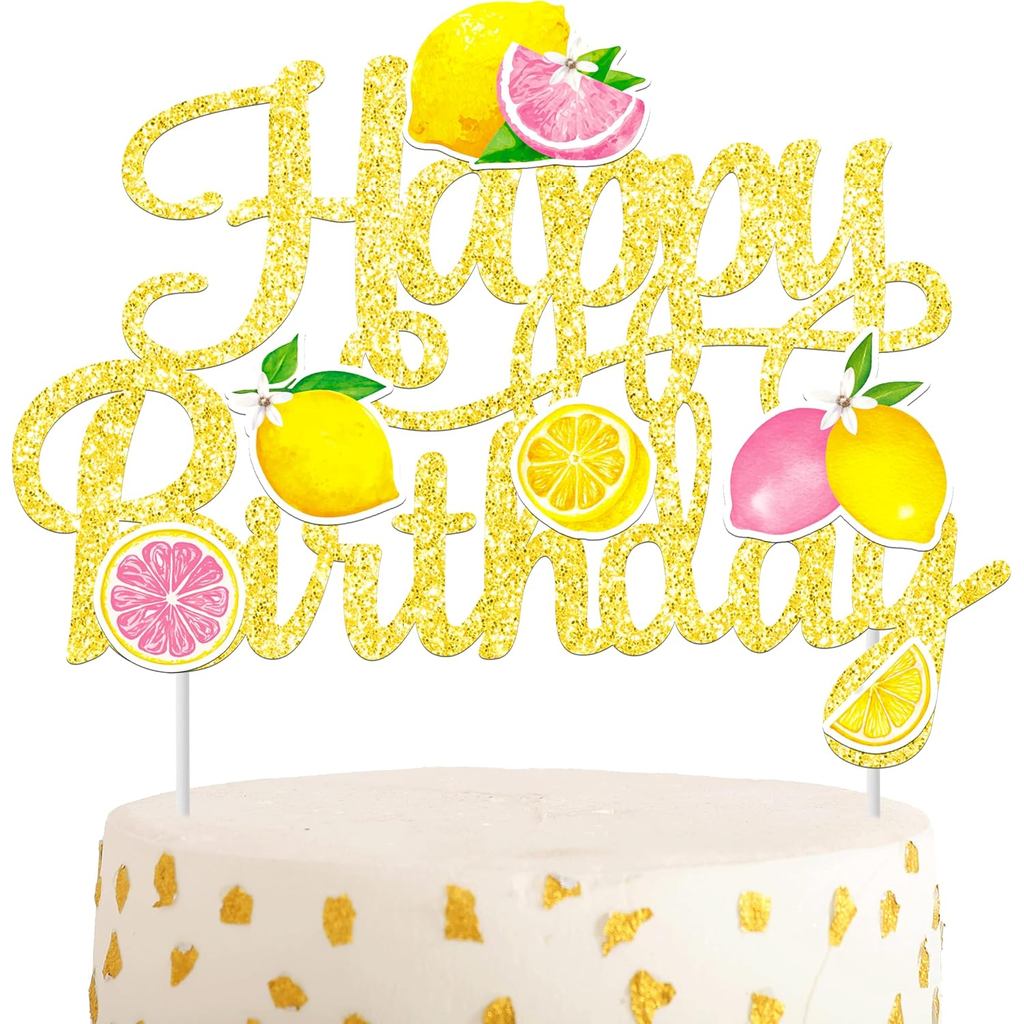 Glitter Lemon Happy Birthday Cake Topper - สีชมพูสีเหลืองมะนาว Slice เค้กตกแต่งสําหรับฤดูร้อนผลไม้ T