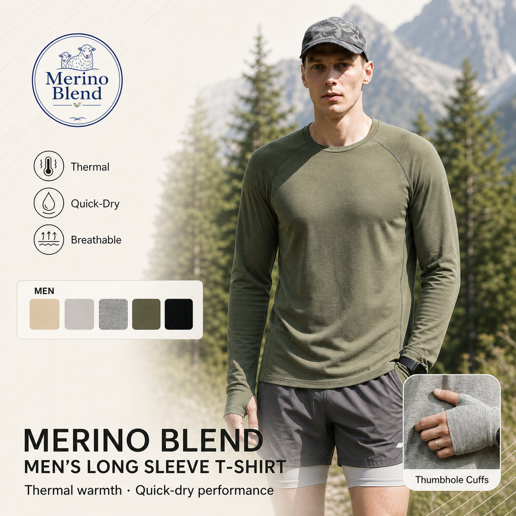 Merino Wool Blend เสื้อยืดกีฬาระงับกลิ่นกายต้านเชื้อแบคทีเรียกลางแจ้งแขนยาว