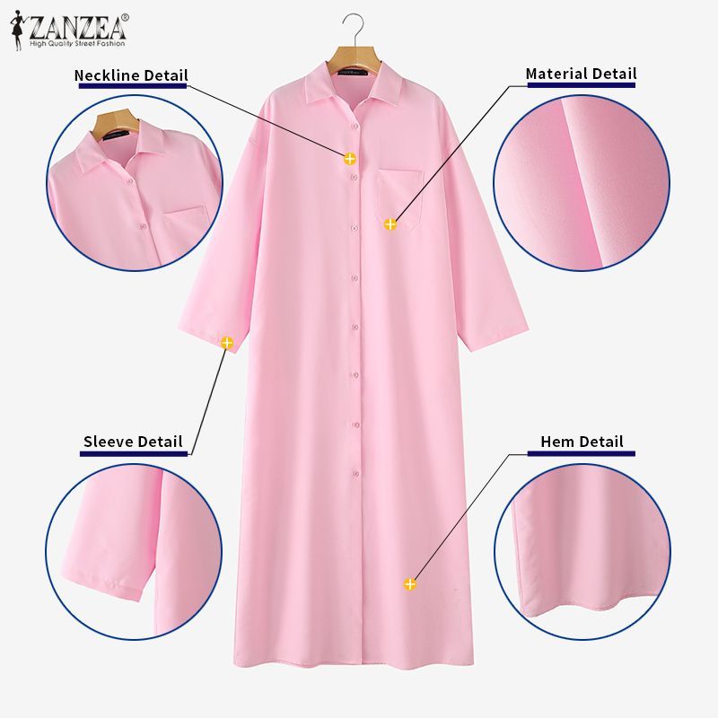 ZANZEA ผู้หญิงวินเทจ Elegant Office ชุด Turn-Down-Collar แขนยาวหลวม Maxi ตรง Shirtdress — صورة 7