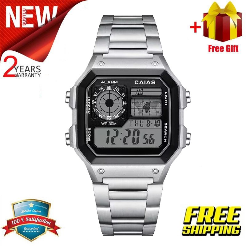พร้อมสต็อก AE1200 Vintage Digital Watch Unisex G‐Shock Style ผู้ชายผู้หญิงเงินสายสแตนเลสนาฬิกาข้อมือ