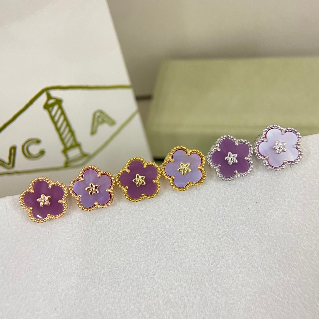 Van Cleef & Arpels Elegant สีม่วงเคลือบ Four-leaf Clover ต่างหูสตั๊ด Inlay หวานดอกไม้-shape หู Studs