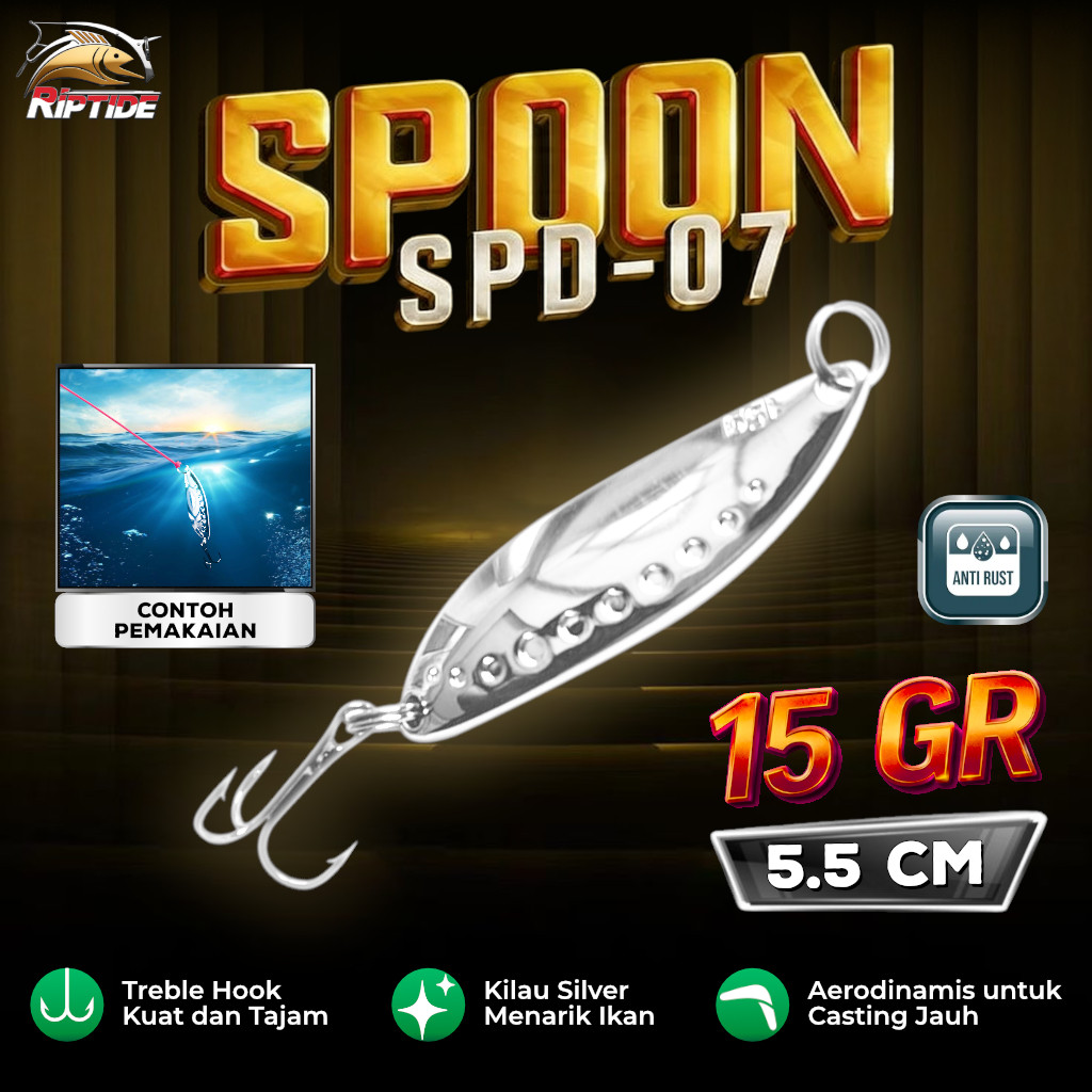 SPOON RIPTIDE FISHING BAIT SPD-07 METAL JIG LURE CASTING SILVER ANTI-RUSTIDE SPD-07 SPOON BAIT 15G B