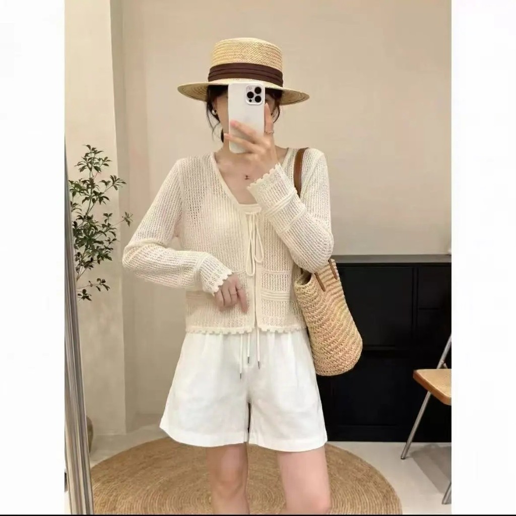 Yueyue YY สินค้าใหม่เปิดตัวสิงหาคมเสื้อสเวตเตอร์ถักขนาดใหญ่อ่อนโยนวันหยุดฝรั่งเศสสไตล์ Hollow ถักเสื
