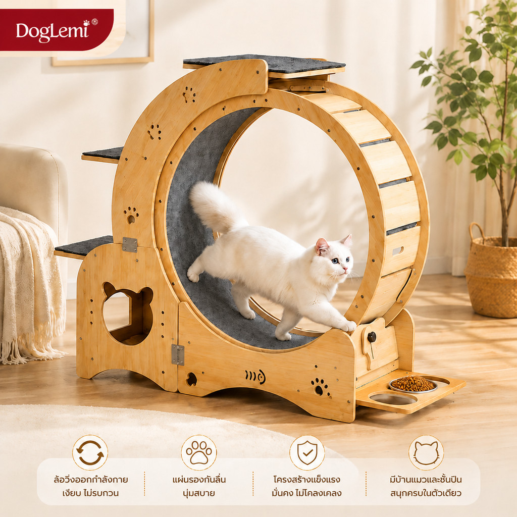 【DogLemi】ล้อวิ่งแมวไม้ วงล้อออกกำลังกายแมว Cat Treadmill บ้านแมวพร้อมลู่วิ่ง เสียงเงียบ ป้องกันหนีบ แข็งแรง ใช้งานได้ยาว