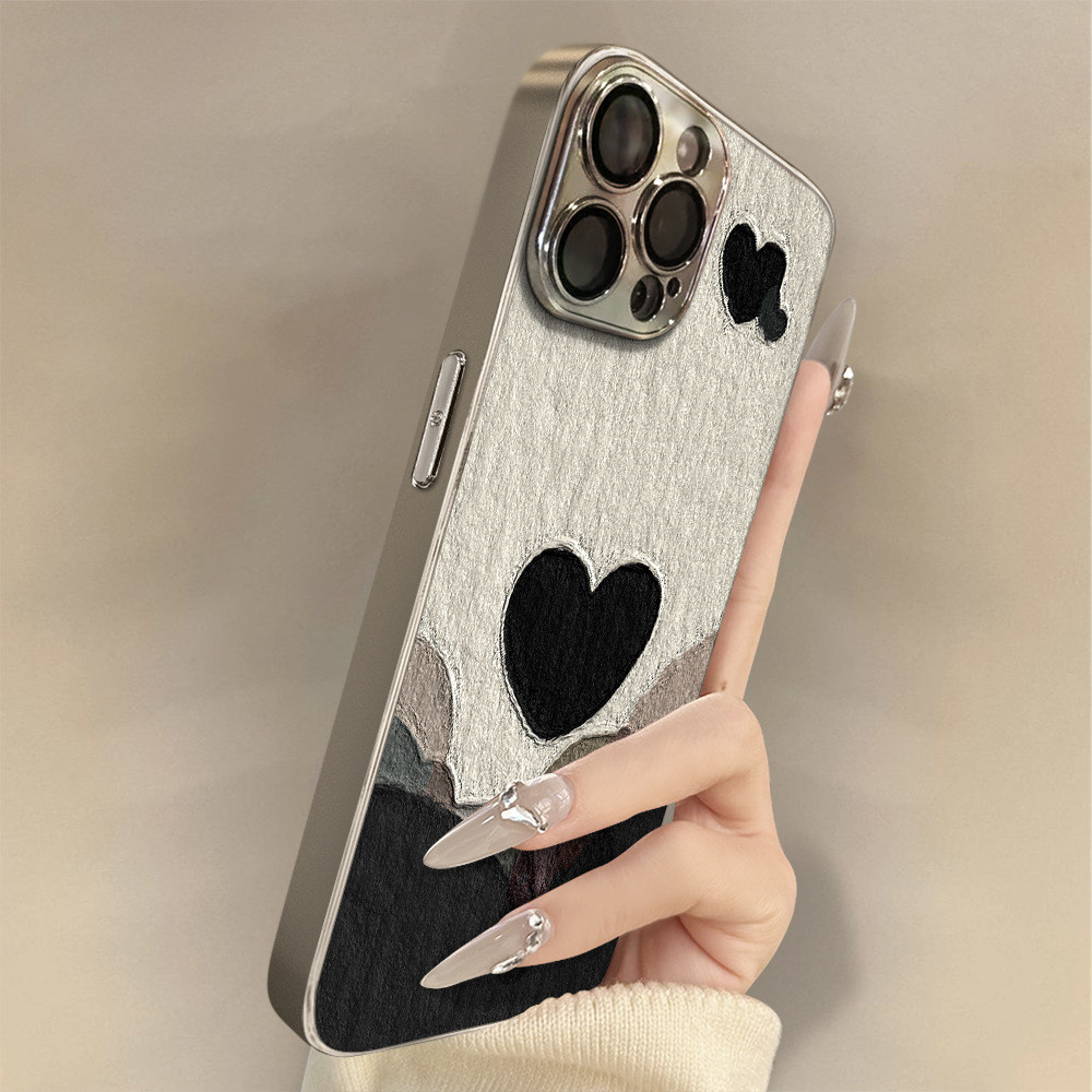 เคสโทรศัพท์หัวใจสีดําสําหรับ ไอโฟน 16 มือโปร สูงสุด 15 14 13 11, ชุบไฟฟ้าที่ไม่ซ้ํากันสร้างสรรค์ทันสมัยฝาครอบป้องกันโทรศัพท์ส