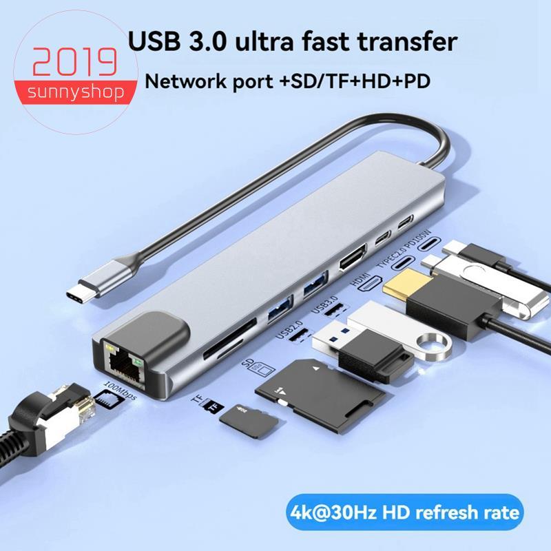 [sunnyshop2019]USB-C Hub USB 3.0 Type C HUB พร้อมอีเธอร์เน็ต, 4K HD, USB 3.0, เครื่องอ่านการ์ด SD, 8