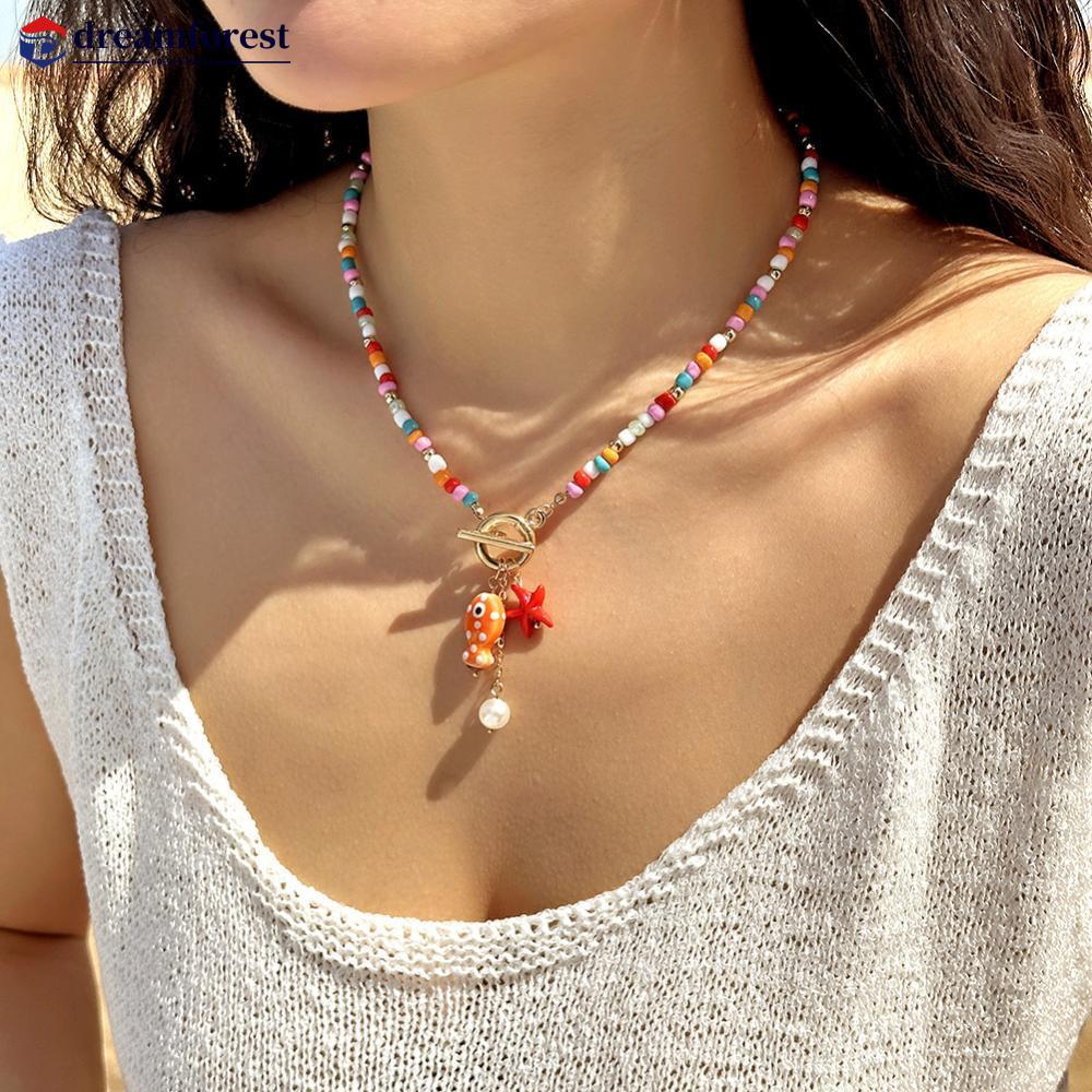 DFS ฤดูร้อนชายหาดสไตล์เซรามิคที่มีสีสัน Fish & ปลาดาว Choker สร้อยคอผู้หญิง Ocean ลูกปัดสร้อยคอ