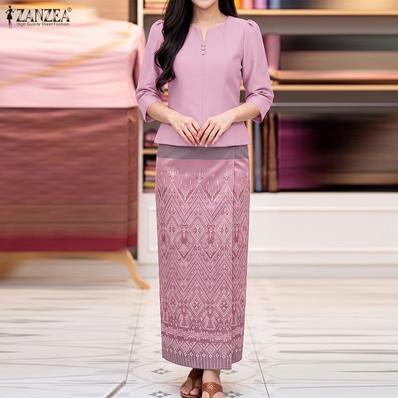 ZANZEA ซานเซีย ผู้หญิงปุ่มชาติพันธุ์แขนสั้นสีทึบ โอ คอพิมพ์ชุดชุดชุด — صورة 5