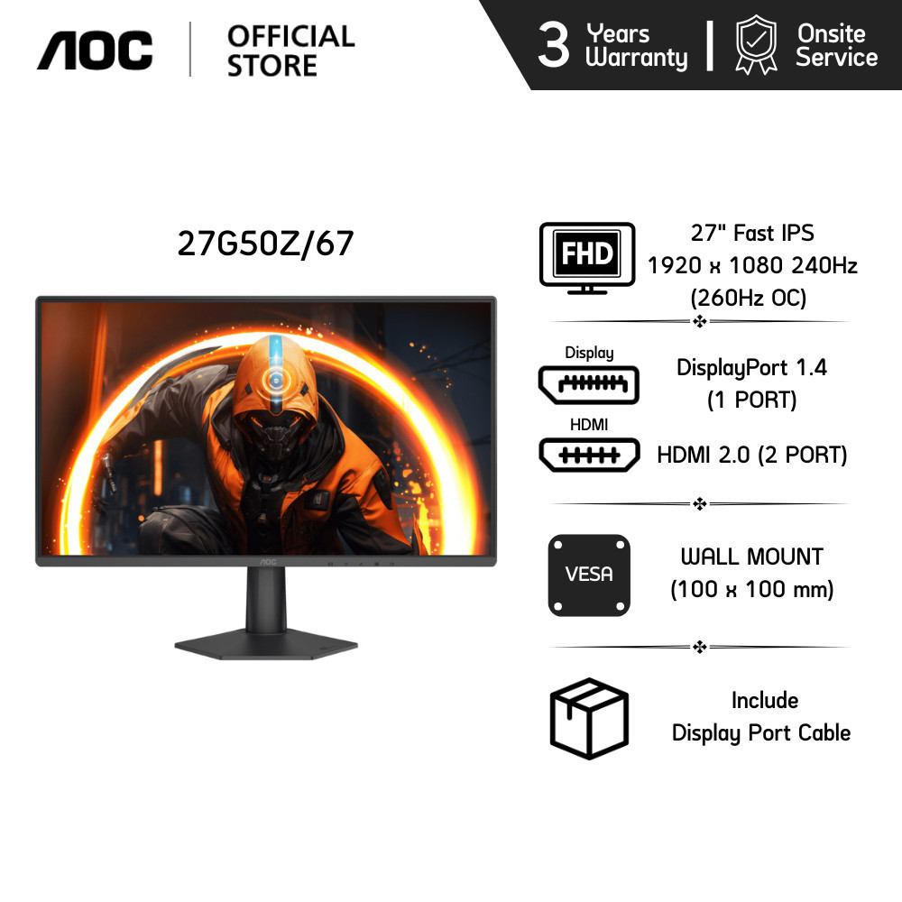 AOC 27G50Z/67 GAMING MONITOR (เกมมิ่งมอนิเตอร์) 27" Fast IPS FHD 240Hz (260Hz OC)