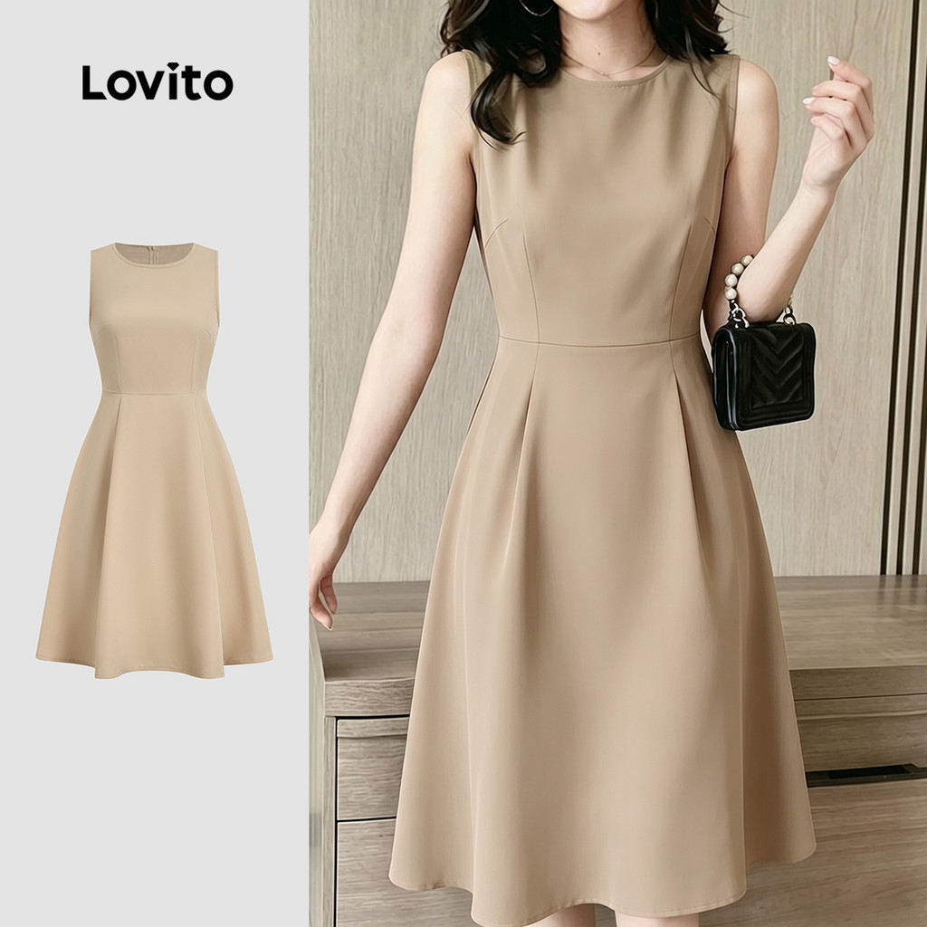 (New Arrival) Lovito เดรสผ้าเดรปทรงสบายสไตล์ลําลอง โทนกากี สําหรับผู้หญิง เหมาะสําหรับฤดูใบไม้ผลิและฤดูร้อน เกาหลี อินเทรนด์ L195AD084