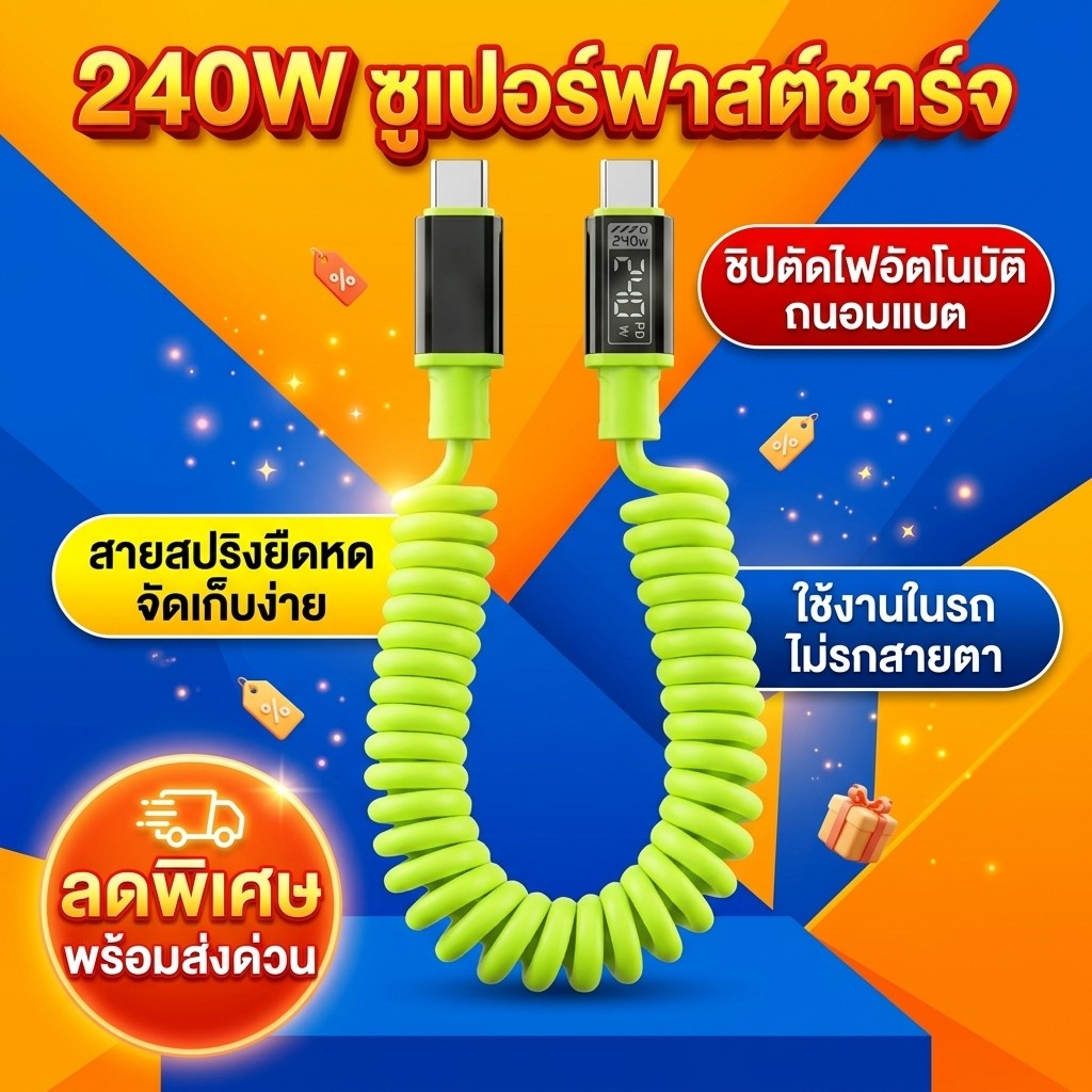 สายชาร์จ 240W พอร์ต TypeC ดีไซน์สปริง ซิลิโคนเหลว ยืดหด ไม่รุงรัง ไอเทมติดรถ ใช้สำหรับIP Huawei Samsung Xiaomi OPPO vivo