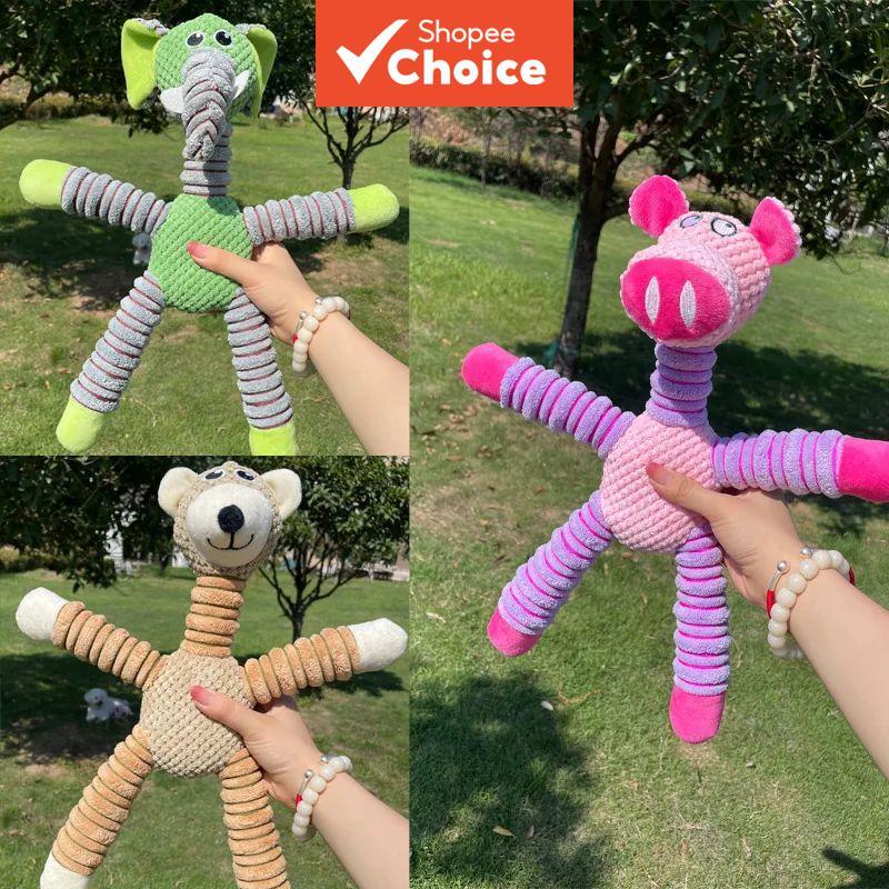 ของเล่นตุ๊กตาสุนัขแบบบีบเสียง ของเล่นตุ๊กตานุ่มลายทางยืดหยุ่น กัดทน ของเล่นเคี้ยวแบบโต้ตอบสําหรับสุนัขพันธุ์เล็กและกลาง