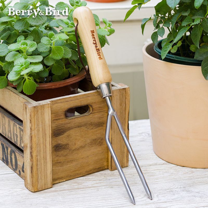 Berry&Bird ส้อมมือสองซี่สแตนเลส เครื่องมือทำสวน สำหรับพรวนดิน ย่อยดิน และย้ายปลูกลงกระถาง