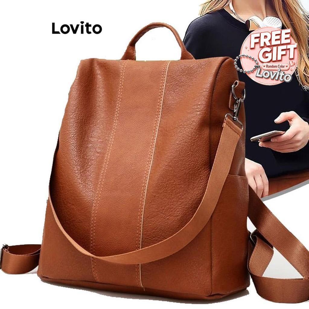 Lovito กระเป๋าเป้สะพายหลังหนังนุ่มกันขโมยแบบเรียบง่ายสไตล์เกาหลีสำหรับผู้หญิง LFA65161
