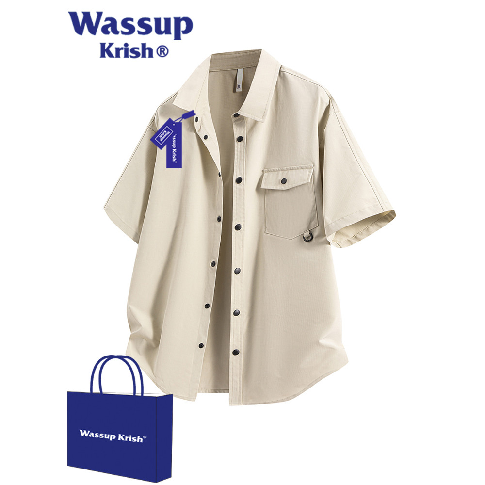 WASSUP KRISH Khaki Overalls เสื้อเชิ้ตแขนสั้นผู้ชายฤดูร้อนบางเสื้อหลวมอินเทรนด์แบรนด์เสื้อแจ็คเก็ตหล