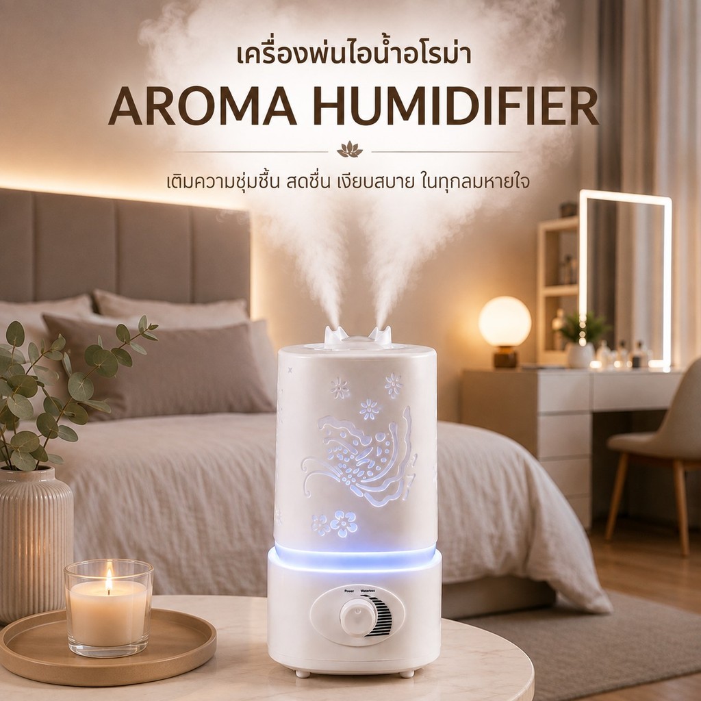 เครื่องพ่นไอน้ำอโรม่า เพิ่มความชื้น มีไฟ 7 สี LED Humidifier Diffuser ควันเยอะ ขนาด 1.5 ลิตร