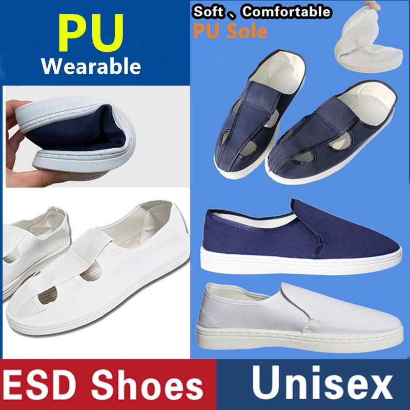 รองเท้า PU Cleanroom รองเท้า Esd ด้านล่างนุ่ม รองเท้าป้องกันไฟฟ้าสถิตย์ สีขาว สีกรมท่า รองเท้าเซฟตี้