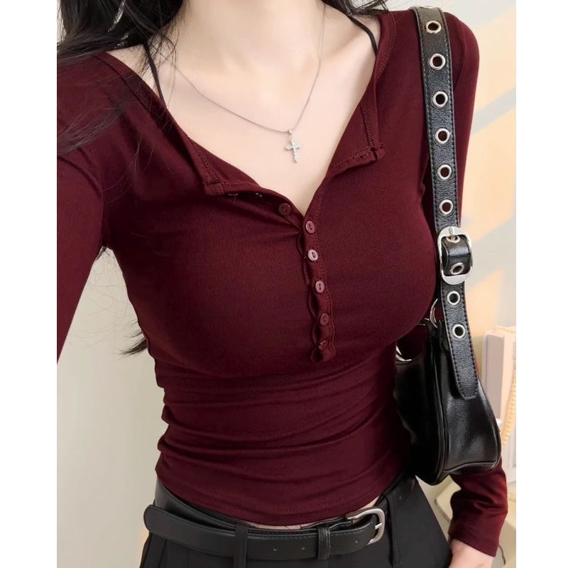 ks1548.thอเนกประสงค์เสื้อยืดสําหรับผู้หญิงฤดูใบไม้ร่วงสไตล์ใหม่Slim-คอออกแบบเสื้อV2Q