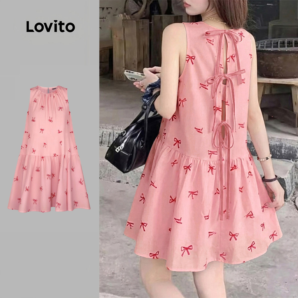 (New Arrival) Lovito ชุดเดรสลําลอง ผูกโบว์หลัง เหมาะสําหรับฤดูใบไม้ผลิ/ฤดูร้อน สําหรับผู้หญิง LK5EDD177