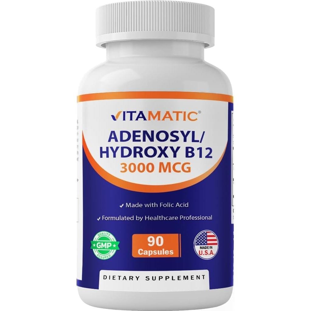 Vitamatic Adenosylcobalamin Hydroxocobalamin B12-3000 mcg พร้อมกรดโฟลิก – Dual Active Form of B12 – 
