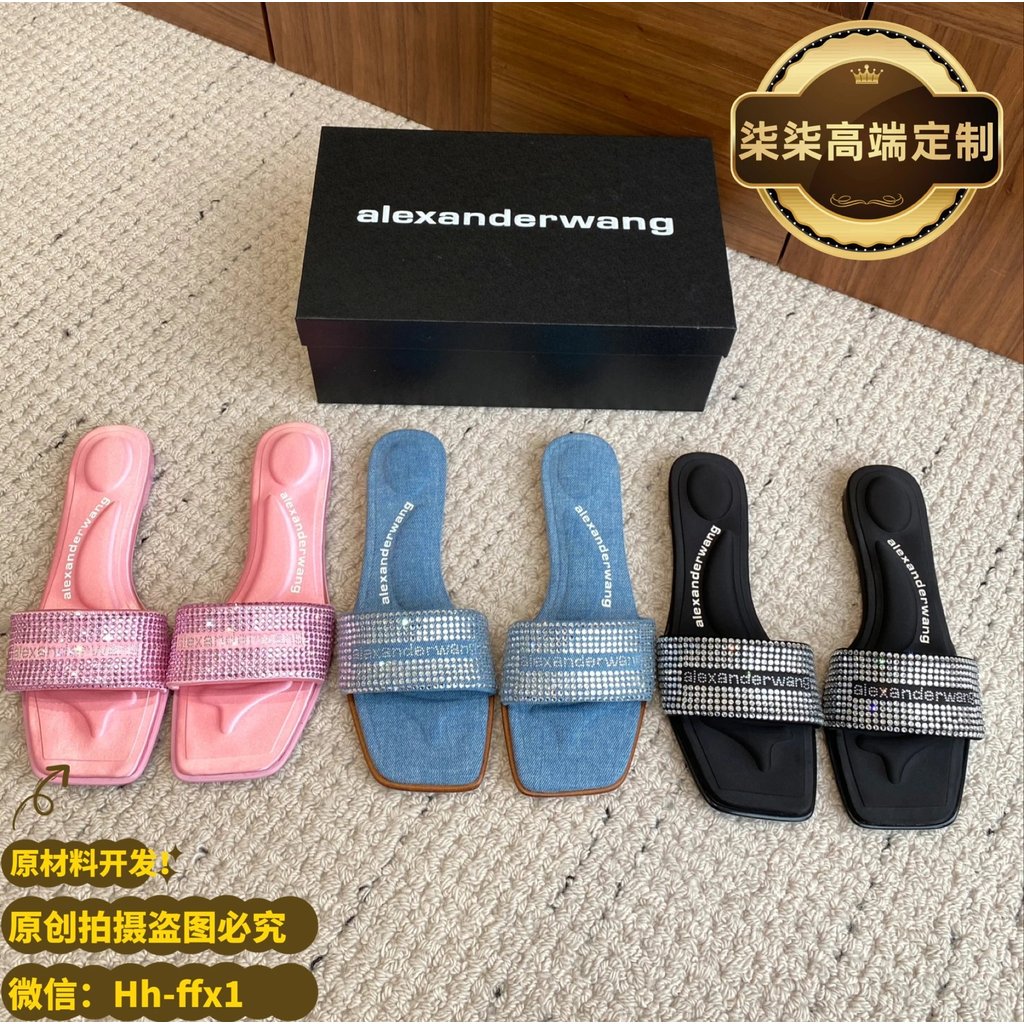 หรูหราตัวเลือกแรก Alexander Wang Dawang 25ss ฤดูร้อนผลิตภัณฑ์ใหม่ Square Toe เปิดนิ้วเท้า Denim ร้อน