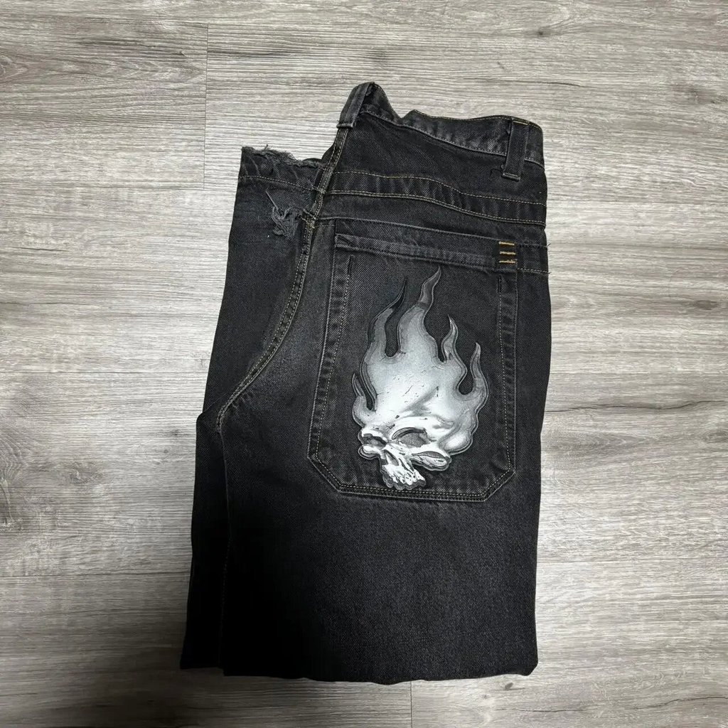 T อินเทรนด์ Harajuku Hip Hop Retro Skull Street เสื้อผ้า JNCO กางเกงยีนส์ Y2K ชาย Denim