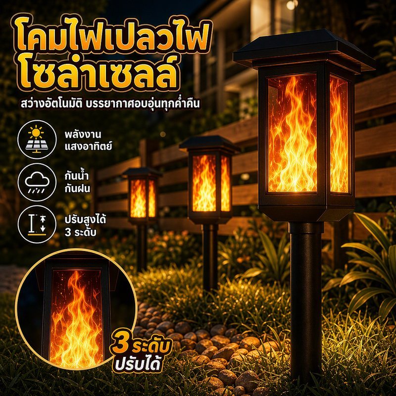โคมไฟสนาม โซล่าเซลล์ ปักดิน LED กันน้ำ เปิดปิดอัตโนมัติ เปลวไฟ แสงอุ่น ปรับระดับสูง เลียนแบบเปลวไฟ คุณภาพดี