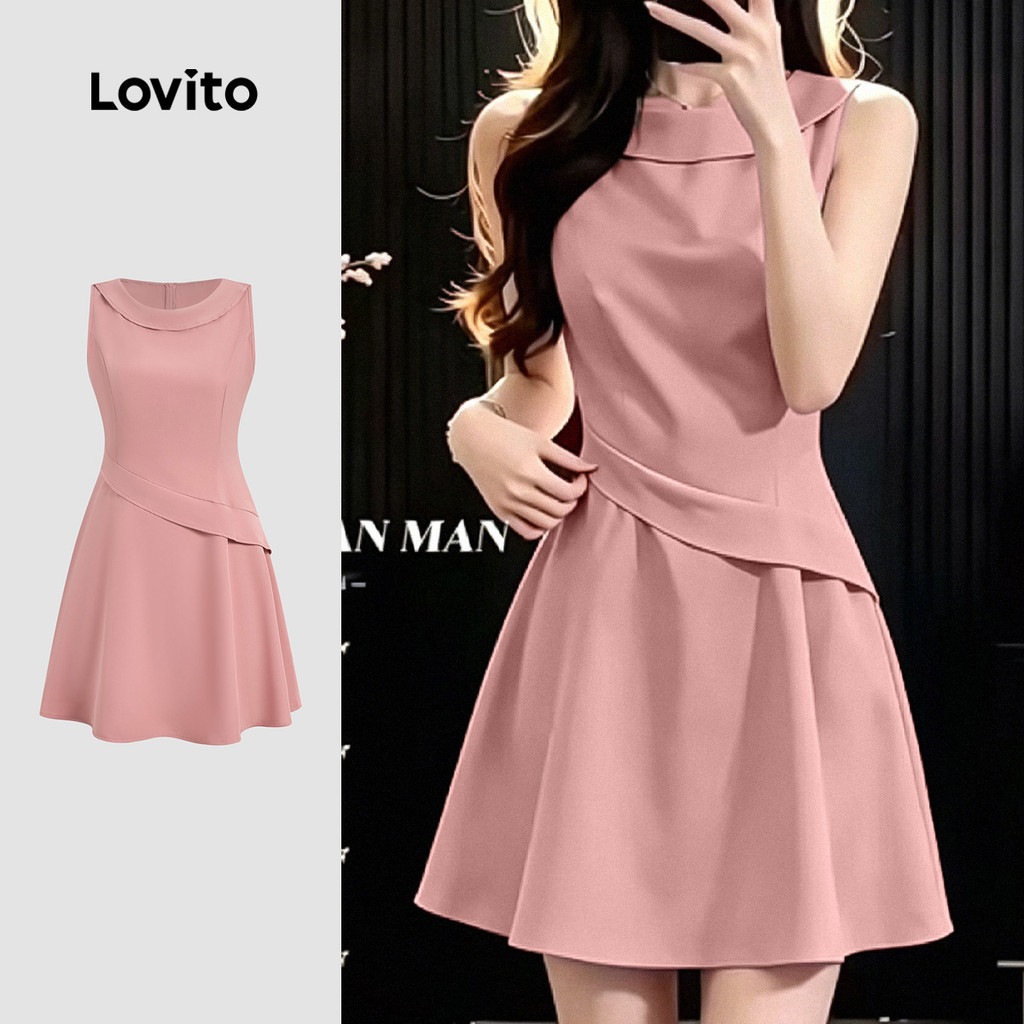 (New Arrival) Lovito ชุดเดรสสีชมพูสําหรับฤดูร้อนและฤดูใบไม้ผลิจีบสไตล์ลําลอง L198ED322