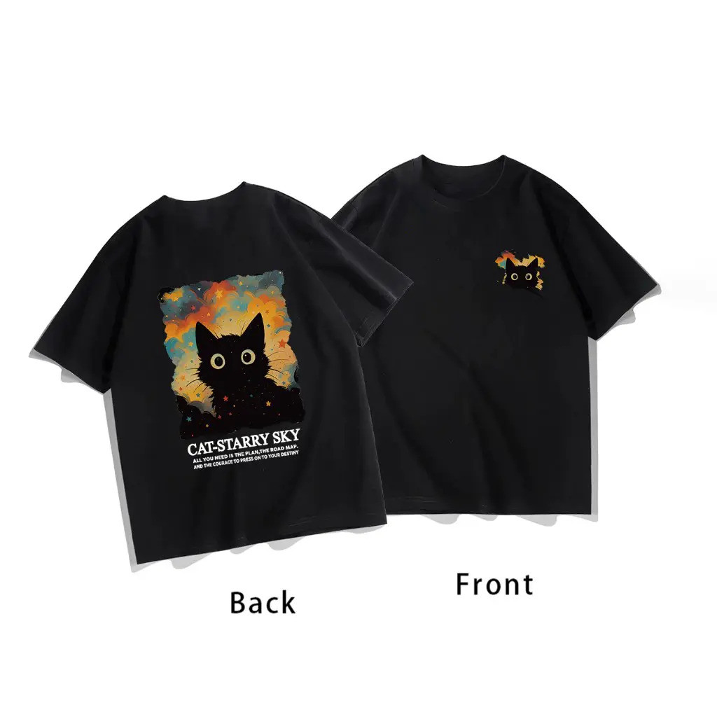 COD เสื้อยืดชายหญิงแขนสั้น สตรีทฮิปฮอป summer แมวใต้ดวงดาว พิมพ์ลาย คอตตอน คอกลม หลวมและระบายอากาศ S