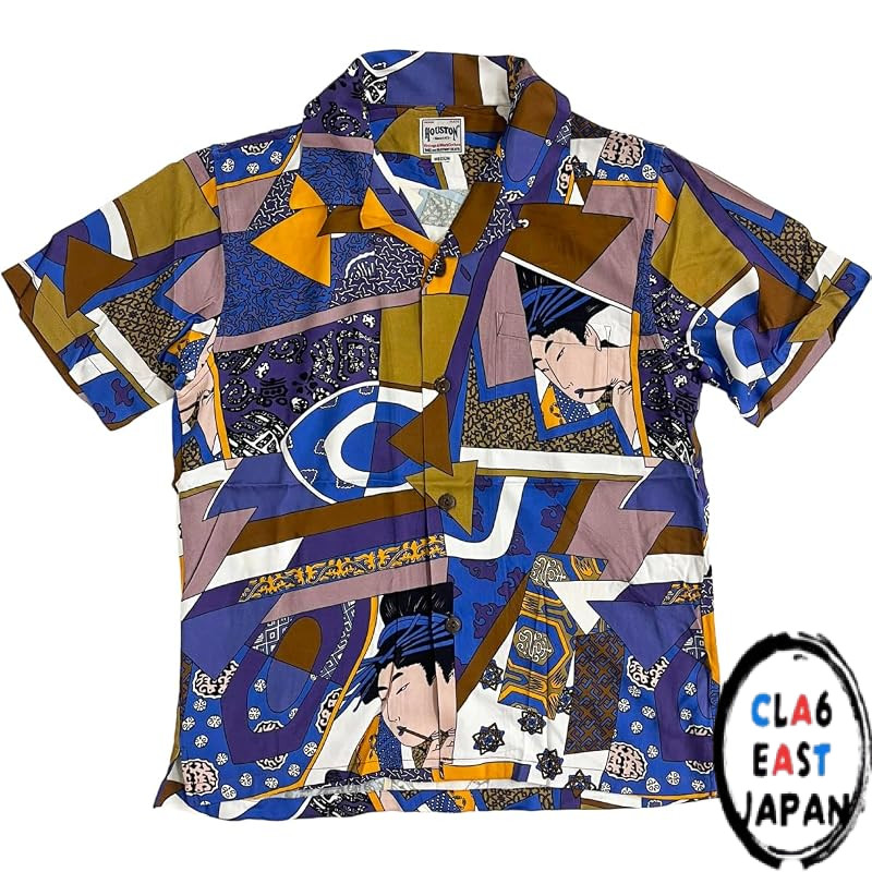 HOUSTON Aloha Shirt with Ukiyo-e Print, Blue, Size M (40979)