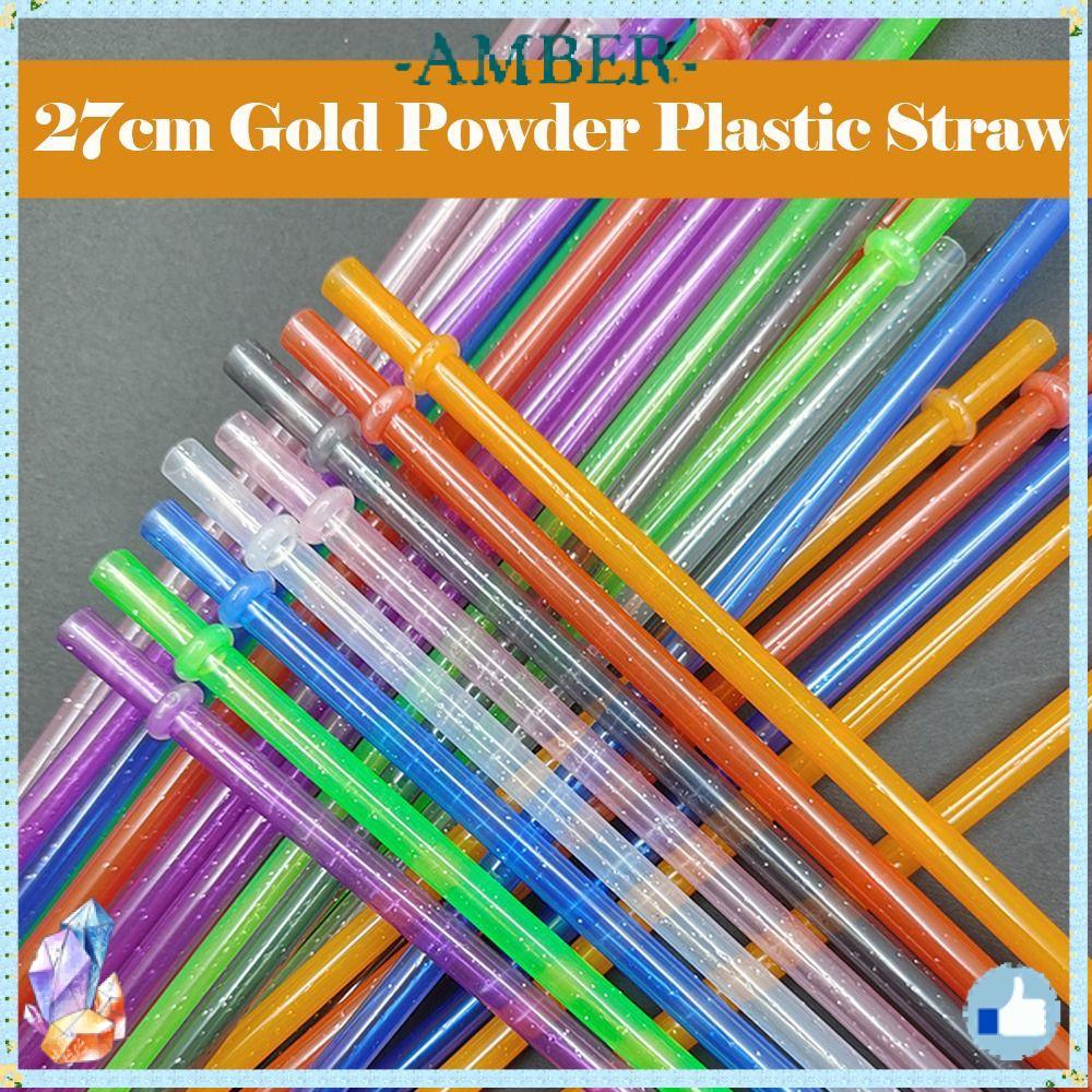 AMBER 1PC ผงทองหลอดพลาสติก, รถ Travel Cup Straw Reusable Glitter Straw, พร้อมแปรงทําความสะอาดถ้วยอุป