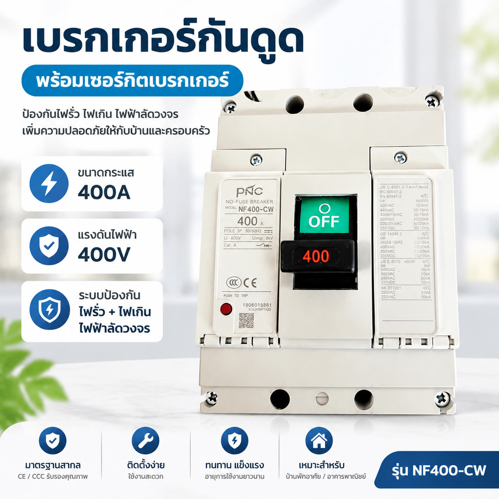 ไทย MODEL:NF400CW 3P  เบรคเกอร์ 3โพ NO -FUSE BREAKER 300A และ 400A ui600V uimp 8KV cat.A dm,