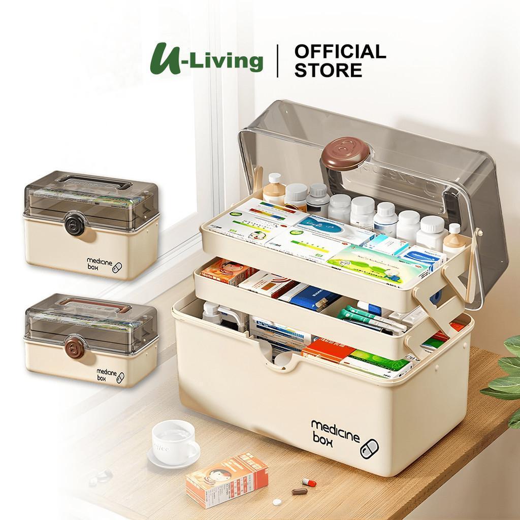 U-Living P3K กล่องยาแบบพกพา 3 ชั้นกล่องเก็บของมัลติฟังก์ชั่นโปร่งใส DSO011
