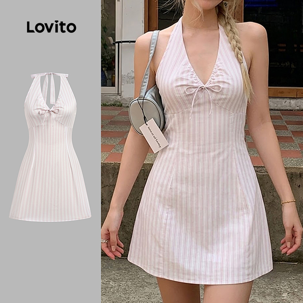 Lovito โบโฮ เดรสลายผ้าเปลือยหลัง สําหรับฤดูใบไม้ผลิ/ฤดูร้อน เดรสสีชมพูสําหรับผู้หญิง เกาหลี อินเทรนด์ เดรสเที่ยวเขา L191AD015