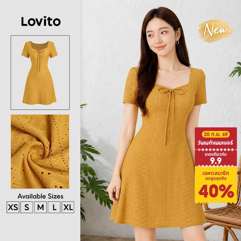 (New Arrival) Lovito ชุดเดรสโบฮีเมียนผู้หญิง สไตล์มินิมอล ผูกเชือกผ้าแจ็คการ์ด สีเหลืองขมิ้น สําหรับฤดูใบไม้ผลิและฤดูร้อน DRB202P2D585