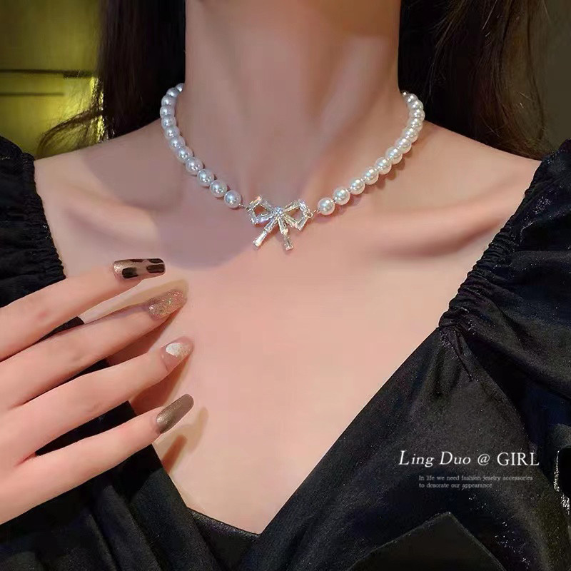สร้อยคอดีไซน์เกาหลี Niche Female French Retro Pearl Bow Clavicle Chain Sweet Cool Necklace Female Ri