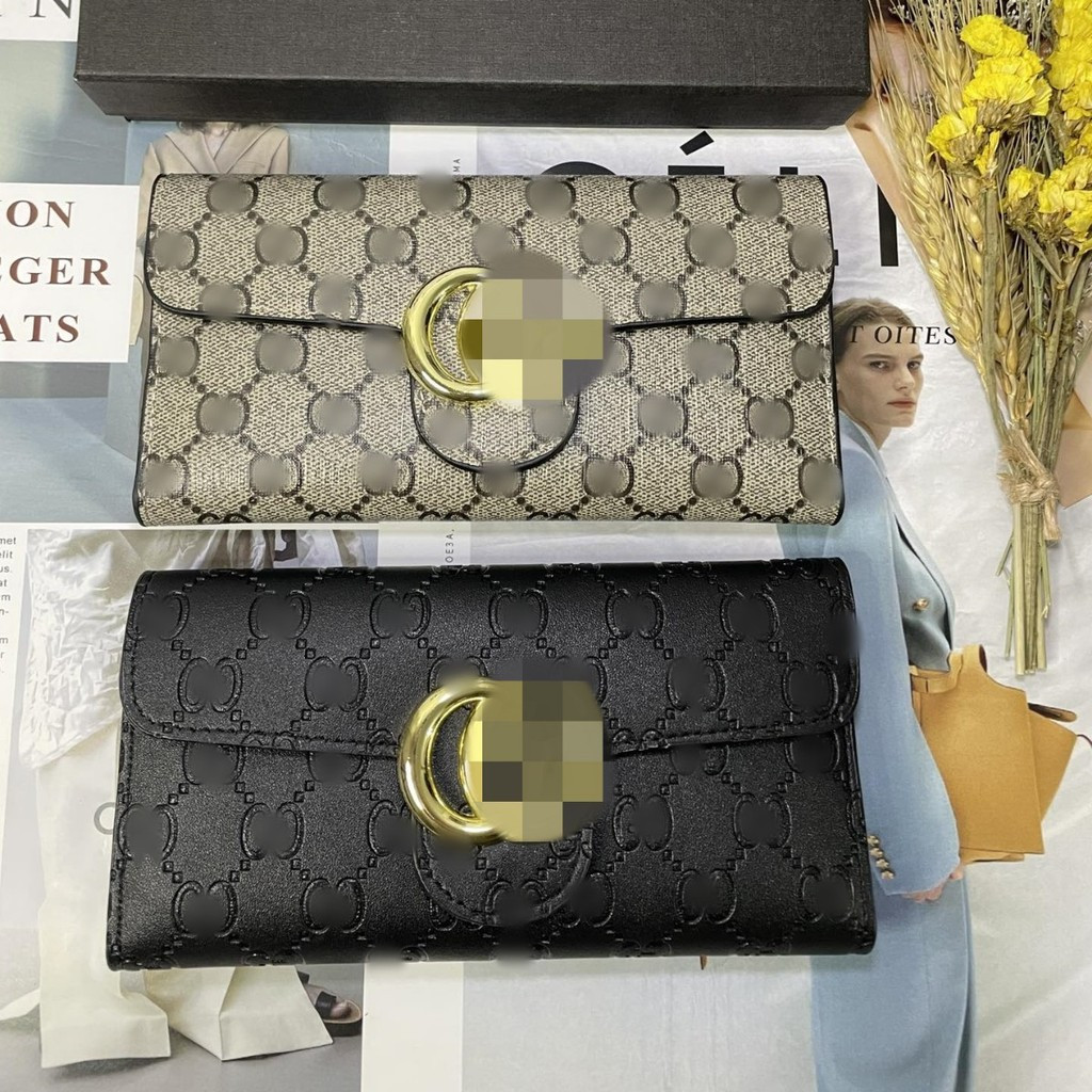 คลาสสิก GG Series กระเป๋าสตางค์ยาวสามพับ พร้อมช่องเก็บบัตรหลากหลาย ดีไซน์พิมพ์คลัทช์ D463 EVS8