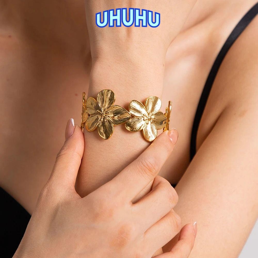 UHU สร้อยข้อมือเปิด, สแตนเลส Uworld กําไลข้อมือกว้าง, ดอกไม้ปาร์ตี้คุณภาพสูงสร้อยข้อมือผู้หญิง