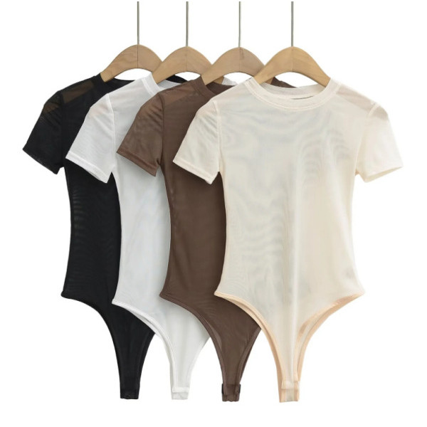 บอดี้สูทสาวอวบ บอดี้สูทผู้หญิงมีฟองน้ำ Jumpsuit สไตล์ใหม่สำหรับฤดูร้อน แขนสั้น รอบคอดูดี วัสดุผ้าก๊o