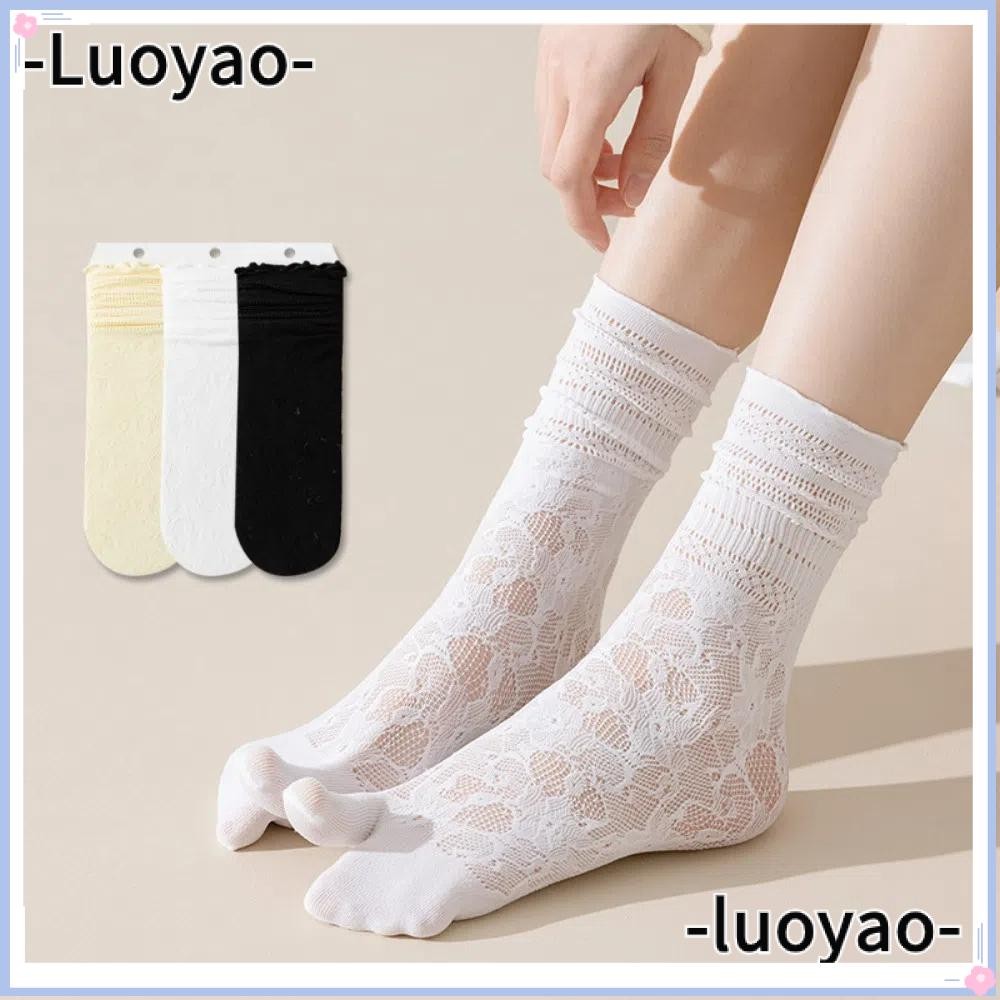 LUOYAO ถุงเท้าแยกนิ้วเท้า 1 คู่, ถุงเท้าผ้าฝ้ายลูกไม้สองถึง, บางเฉียบสบายกลวงออกตาข่าย Tabi Sox ฤดูร้อน