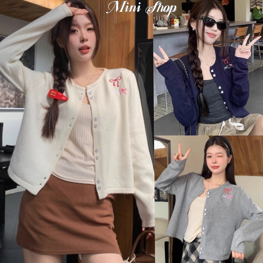 Mini shop🌸พร้อมส่ง🌸เสื้อไหมพรมคาดิแกรน กระดุมหัวใจ น่ารัก ดีเทลปักลายโบว์ 3สี คาร์ดิแกนไหมพรม(Z043)