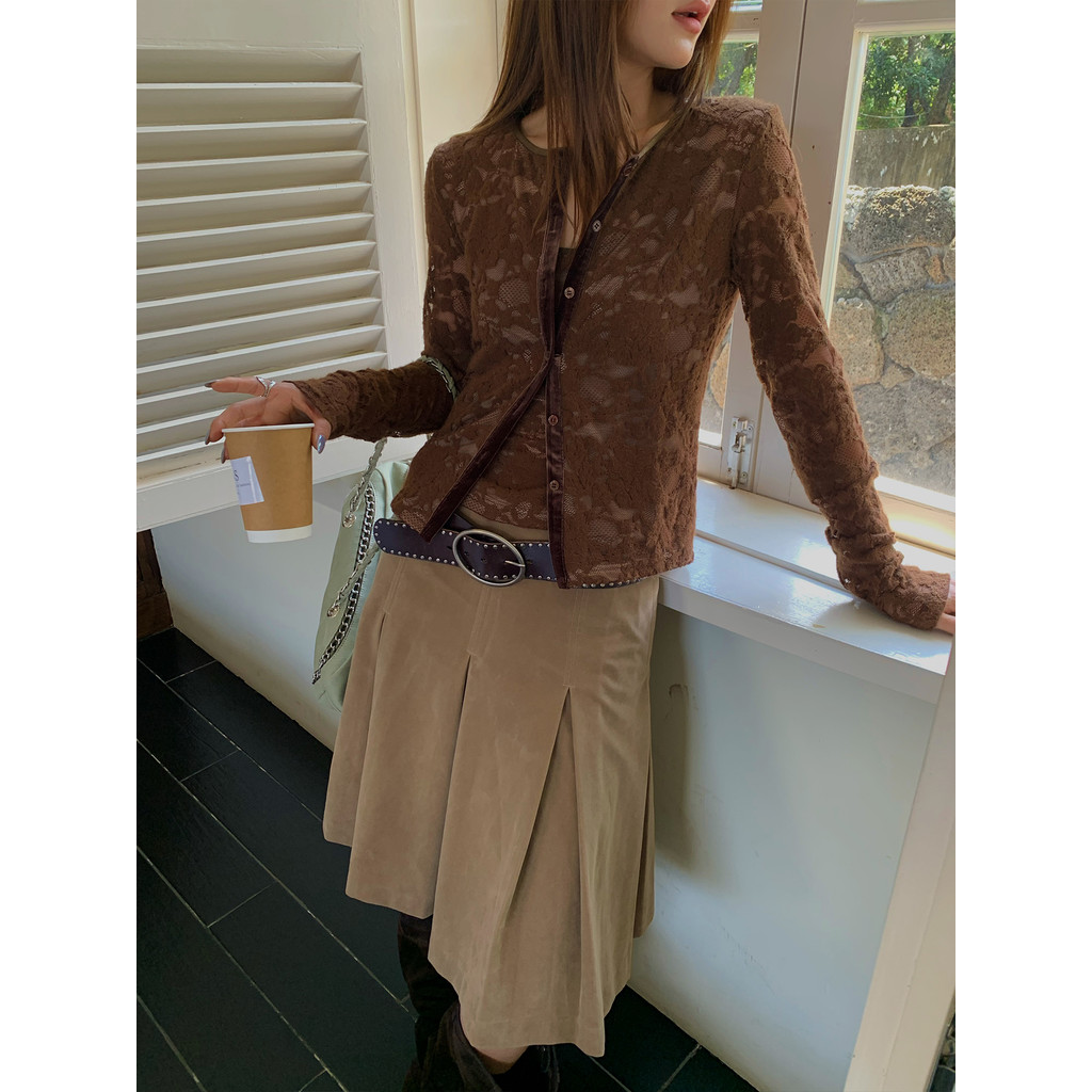 [MAR] ฤดูใบไม้ร่วงฤดูหนาวสไตล์ใหม่ Retro Temperament Niche Heavy Industry เอวสูง Slimmer ดู A-Line กระโปรงจีบกระโปรงผู้หญิง