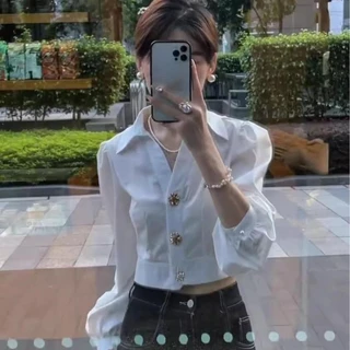 Red Berryเสื้อเชิ้ตแขนยาวทรงหลวมสไตล์ฝรั่งเศสฤดูใบไม้ร่วงสำหรับผู้หญิงเอวW673