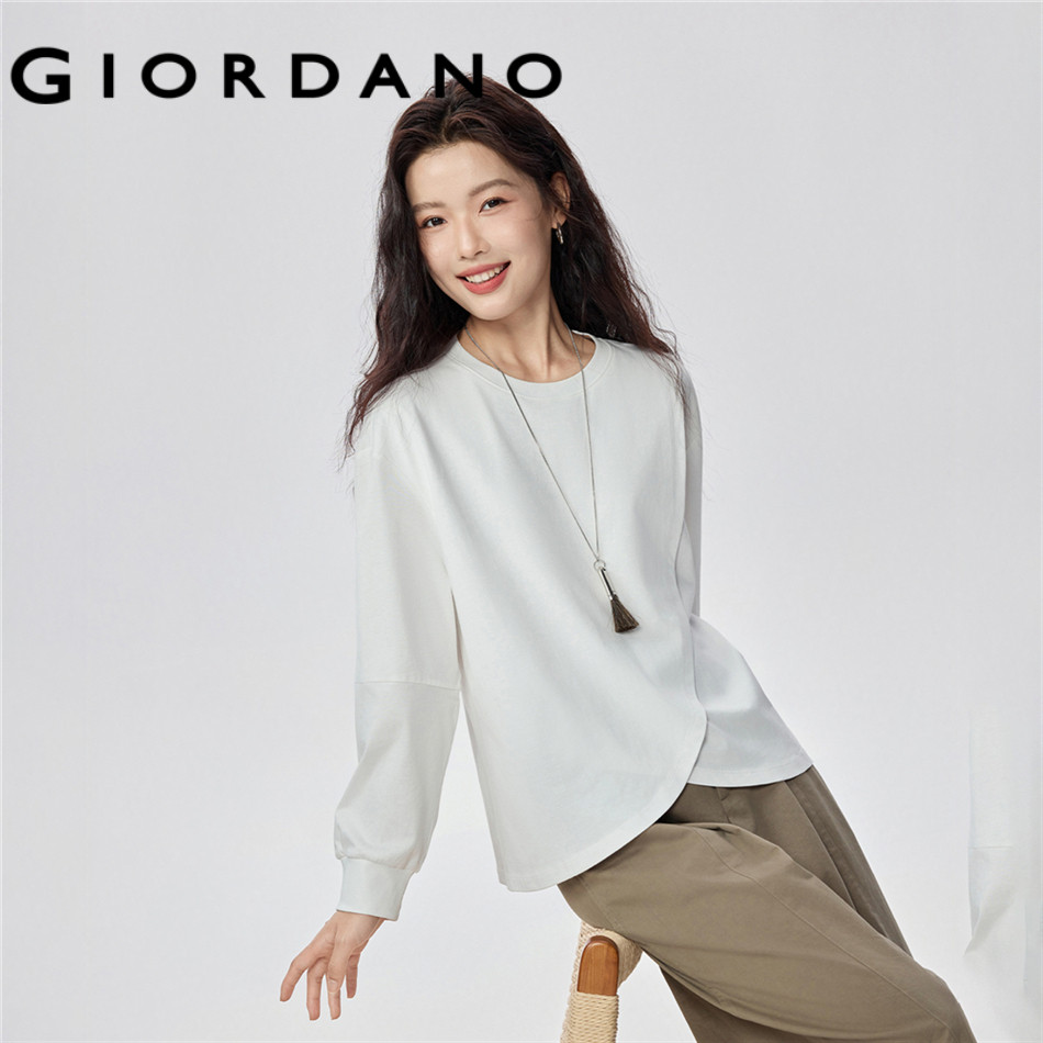 GIORDANO WOMEN 100% Cotton crossover hem long sleeve t-shirt 13325787