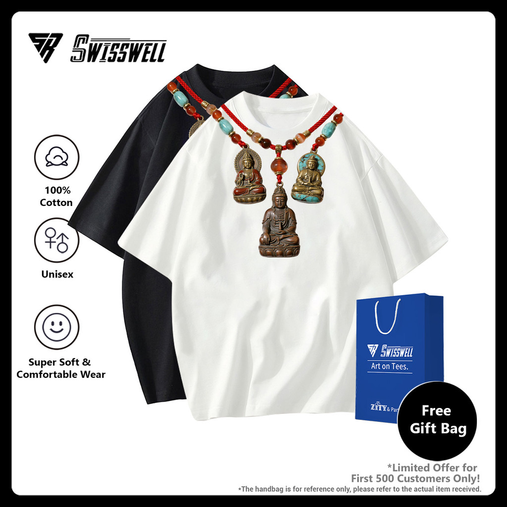 SwissWell 🎽 เสื้อยืดผ้าคอตตอน 100% T-Shirt Oversize คอกลม Unisex ลาย Buddha amulets สบายกระชับ P2