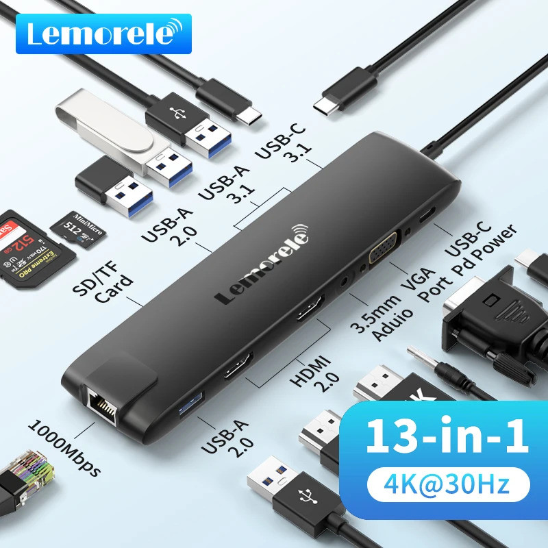 Lemorele TC96 USB Hub USB 3.1 Dock Station USBC ถึง Dual HDMI 4K 10Gpbs Type-C 100W Gigabit Ethernet