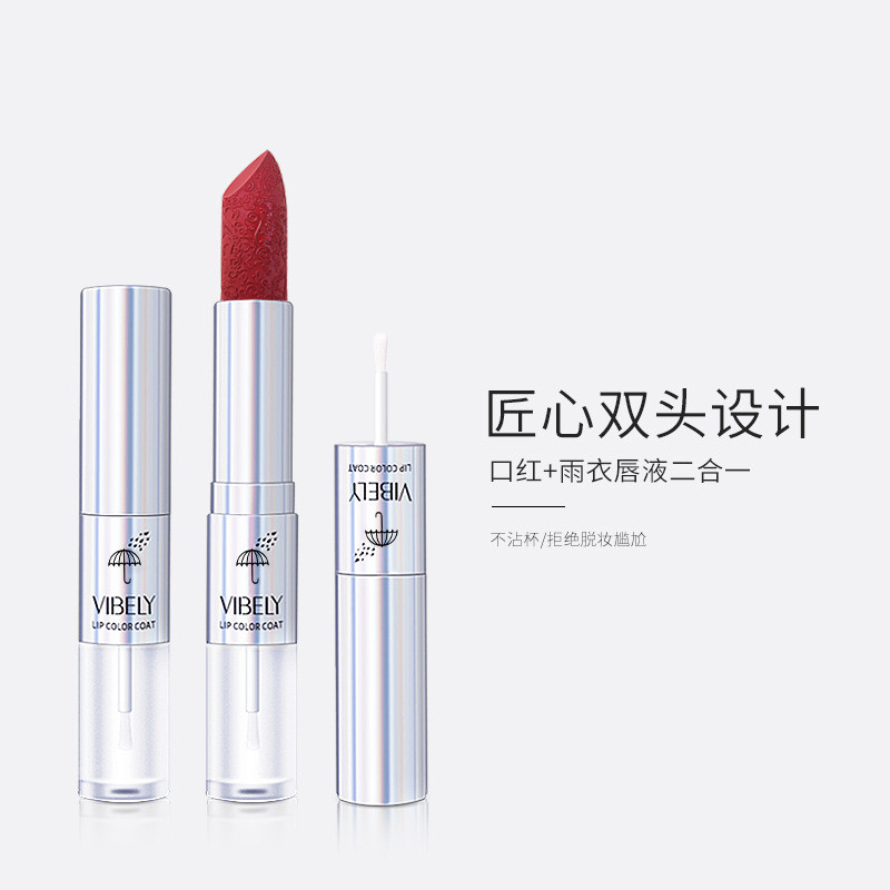 Double-Headed ลิปสติกเสื้อกันฝน Non-Stick Cup Long-Lasting Matte Positive Red 999 ลิปสติก Dual-ใช้ลิ