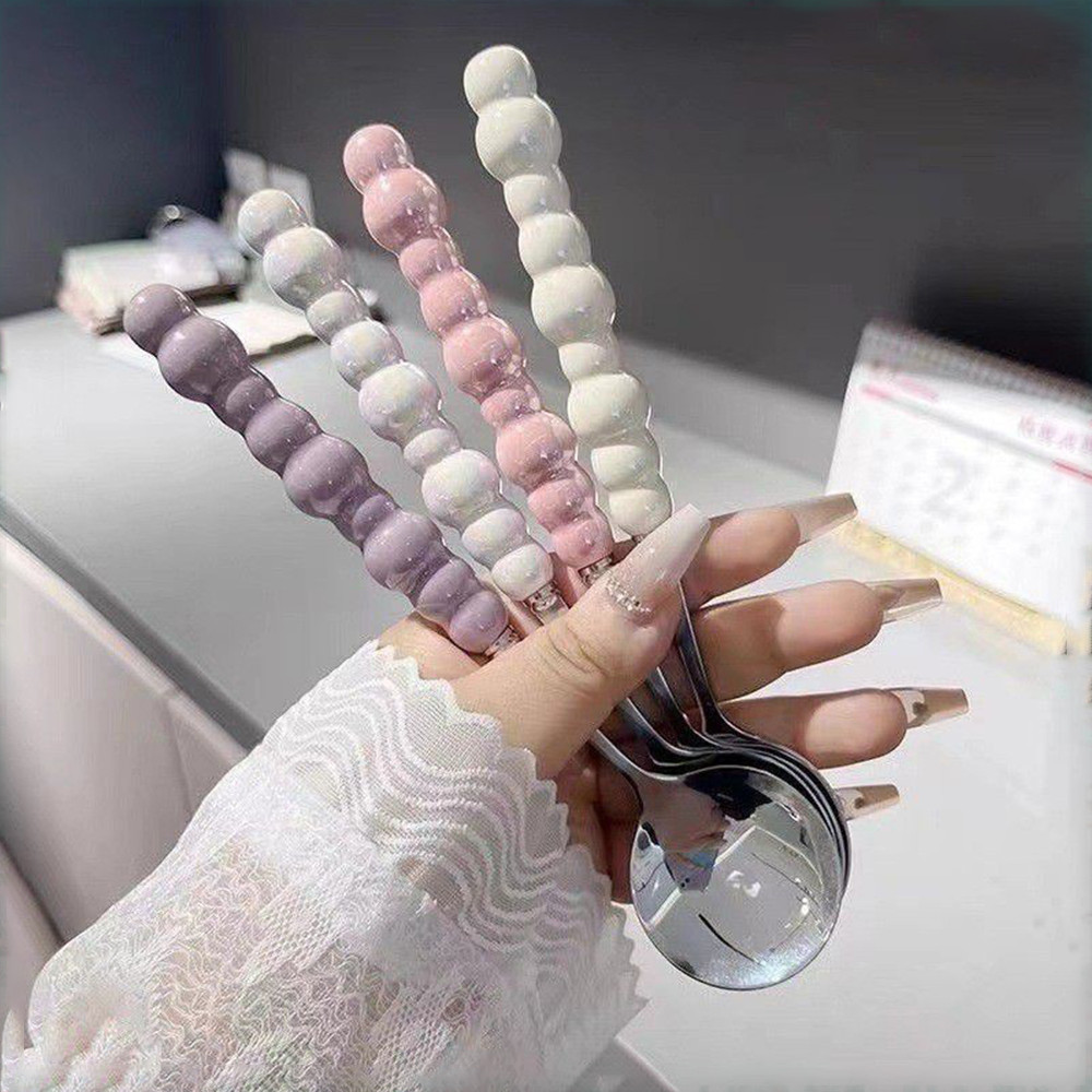 BAZZR 😍COD😍 ไข่มุกจับช้อนสแตนเลสกวนช้อนไอศครีมเค้กขนมช้อนบาร์อุปกรณ์ครัวพรรคช้อนส้อมแกดเจ็ตใหม่